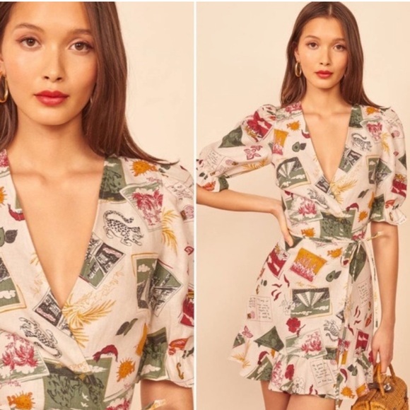 Reformation Carmelo Linen Wrap Mini Dress in Vacaciones Size XS - Picture 3 of 13